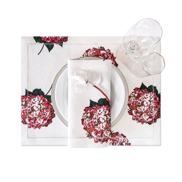 Pink Hydrangea Placemats with Hemstitch Border