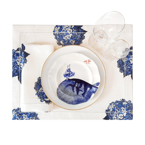 Blue Hydrangea Placemats with Hemstitch Border