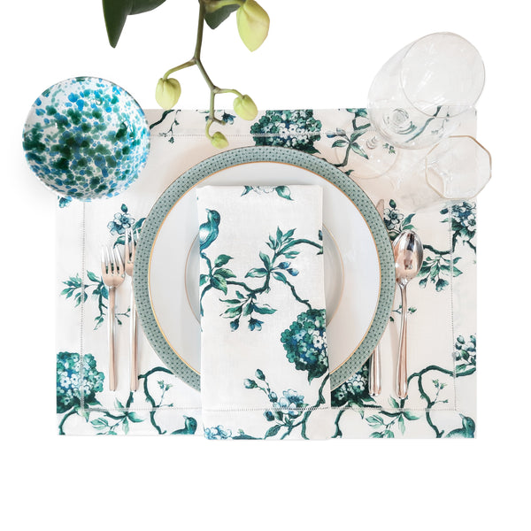 Italian Birds Chinoiserie Linen Placemats with Hemstitch Border